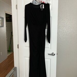 Betsy & Adam Black Long-Sleeve Ruched Gown